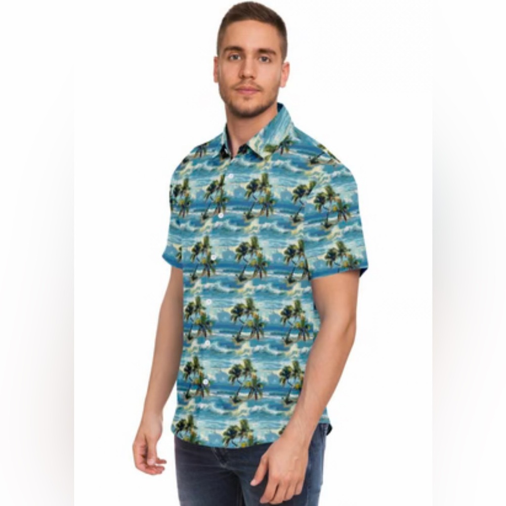 NWT J Crew Blue /Green Palm Print Men's Short Sleeve Button Up Shirt SzL
